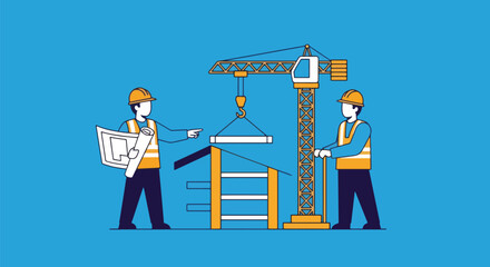 Construction site with crane workers blueprint and building materials.