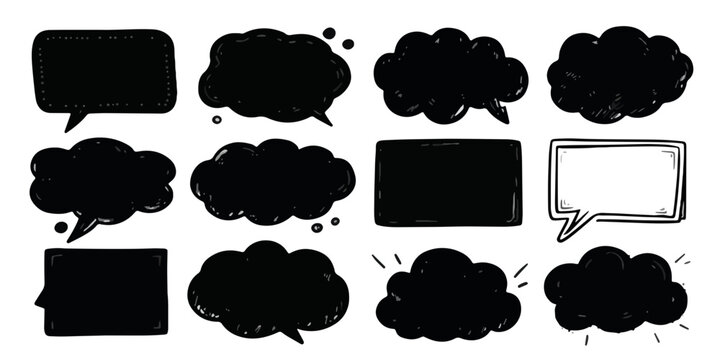 Cole&ccedil;&atilde;o de bal&otilde;es de fala e pensamento desenhados &agrave; m&atilde;o, pretos e com contorno, para design gr&aacute;fico, m&iacute;dia social e comunica&ccedil;&atilde;o digital.