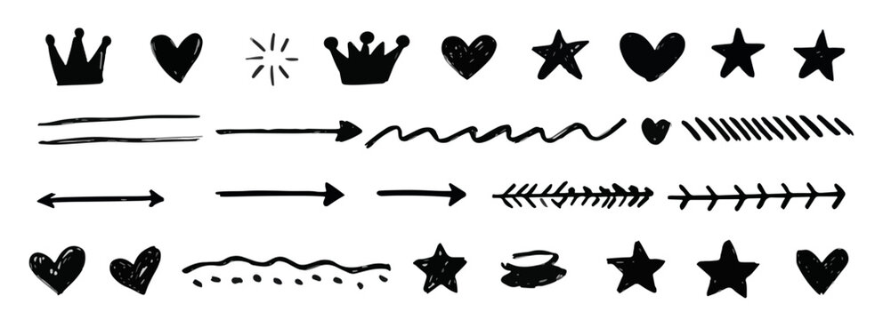 Ilustra&ccedil;&otilde;es vetoriais de rabiscos e s&iacute;mbolos desenhados &agrave; m&atilde;o, como coroas, cora&ccedil;&otilde;es, estrelas e setas, para uso em design gr&aacute;fico com fundo transparente.