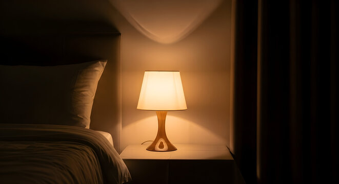 Warm, inviting glow from a stylish bedside lamp illuminates a tranquil bedroom setting, fostering a serene atmosphere perfect for winding down and peaceful slumber