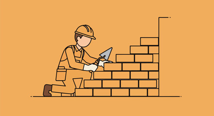 Construction Worker Building Brick Wall with Trowel.