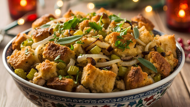 Delicious homemade stuffing in a decorative bowl on a wooden table with herbs and bread perfect for thanksgiving or christmas dinner served with savory ingredients and warm