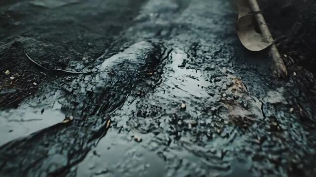 Muddy ground with a shallow puddle reflecting ambient light, showing the texture of wet soil and scattered debris, evoking themes of pollution, decay, and environmental damage