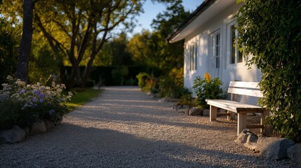 Obraz premium Sunny garden path beside white country house with bench and flowers, peaceful cottage exterior in warm morning light
