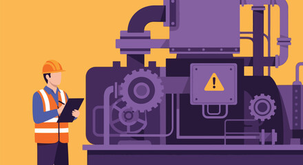 Engineer Inspects Industrial Machinery with Clipboard and Hard Hat.