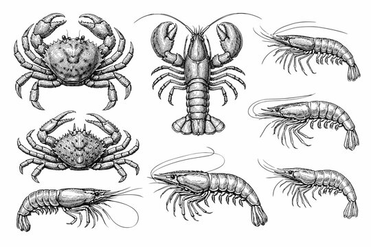 Detailed black and white illustration of various crustaceans: crab, lobster, and shrimp