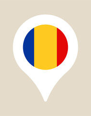 Fototapeta premium Romanian Flag inside a map location pin, a modern vector icon symbol for a travel destination in the country of Romania.
