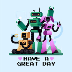 Friendly robot characters with pixel text flat cartoon illustration