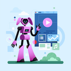 Robot assistant holding digital panels flat cartoon illustration