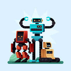 Friendly robot presenting media interface flat cartoon illustration