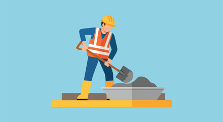 Construction Worker Shoveling Cement Mix on Blue Background.