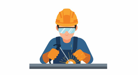 Welder in Hard Hat and Safety Glasses Working with Sparks.