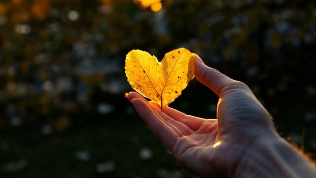 Gentle sunlit autumn leaf in hand symbolizing nature's transience and serene beauty