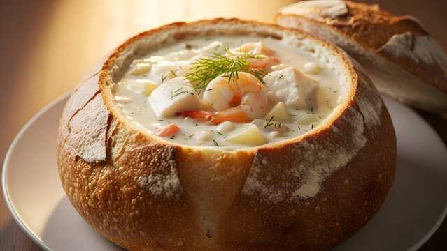 Delicious seafood chowder served in a hollowed bread bowl with shrimp fish and vegetables garnished with fresh dill on a white plate with a slice of bread