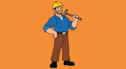 Cartoon Construction Worker Holding Hammer Safety Helmet on Orange Background.