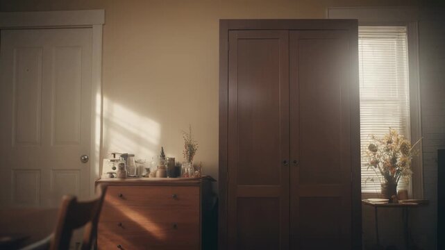 Sunlight streams through blinds, casting warm shadows over a cozy rustic room with a wooden dresser, jars, toaster, dried flowers and a partial dining table