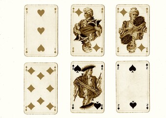 A hand of vintage playing cards in sepia isolated on a white background.
