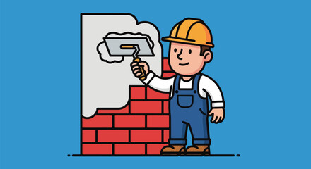 Construction Worker Applying Plaster to Brick Wall with Trowel.