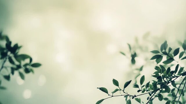 Green leaves and delicate branches frame a bright, hazy background with soft bokeh lights, evoking peaceful growth, fresh spring warmth and airy natural serenity