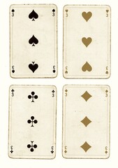 A hand of vintage playing cards in sepia isolated on a white background.