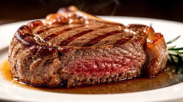 Close-up of steaming, perfectly cooked, thick-cut grilled steak (medium-rare) served with savory sauce and rosemary garnish on a white restaurant plate.
