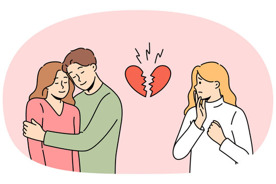 Love triangle between woman upset because of boyfriend who was accused of cheating. Broken heart near love triangle of couple and envious girl suffering from unrequited sympathy for man