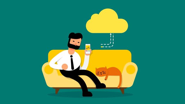 Bearded Man Sitting on Sofa with Cat Using Smartphone for Cloud Computing Data Sync and Backup Animation