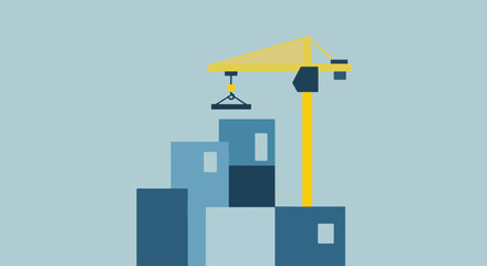 3D Modern Construction Crane Lifting Shipping Container Buildings.