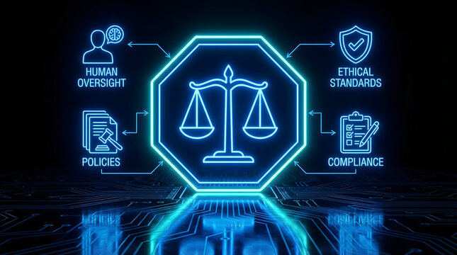 Digital concept of justice and ethical governance with glowing scales oversight policies and compliance on a futuristic circuit board