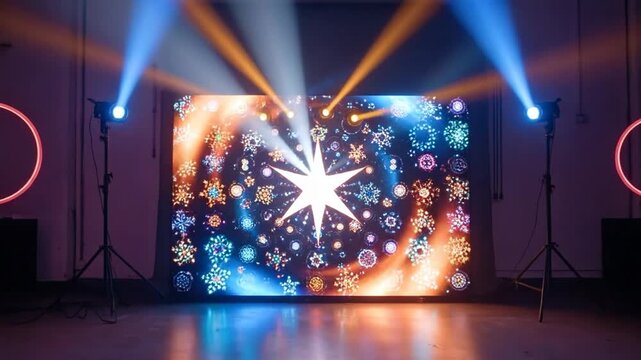 Illuminated stage setup with colorful lights and snowflake patterns for a festive event.