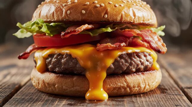 Delicious cheeseburger with crispy bacon. Mouthwatering layers of cheese, lettuce, and tomato create savory appeal. Perfect for food lovers seeking gourmet experience.