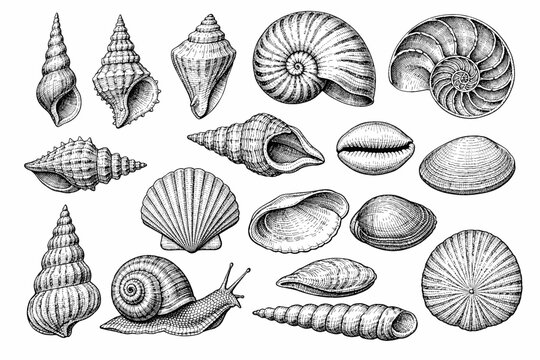 Detailed black and white illustrations of various seashells