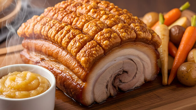 Roasted pork belly with crispy crackling served with steaming vegetables and applesauce on a wooden board