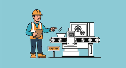 Factory Worker Inspects Automated Production Line.