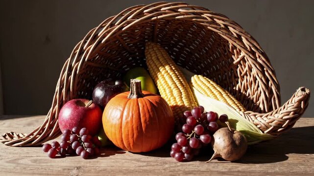 Autumn harvest cornucopia with fresh fruits and vegetables on wooden table