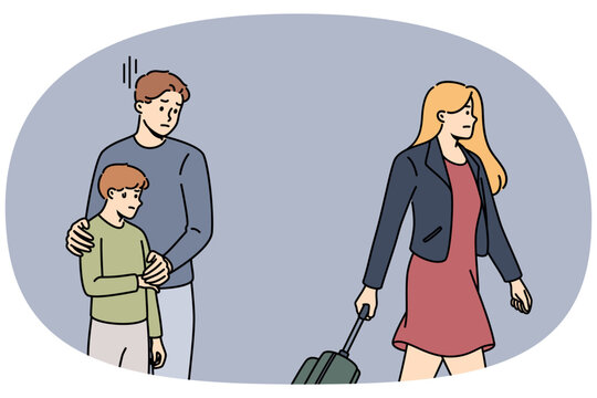 Divorce of parents traumatizes child, experiences stress because of mother with suitcase leaving family. Divorce between man and woman causes frustration and depression in pre-teen boy
