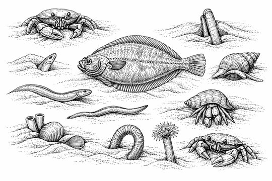 Detailed monochrome depiction of marine life with fish, crabs, shells, and anemones in sea bed