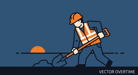 Construction Worker Digging at Sunset Overtime Work Concept.
