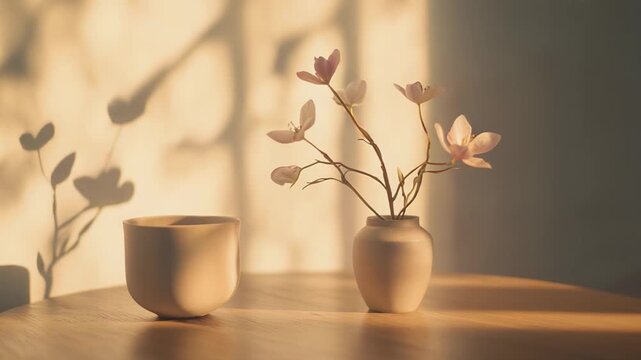 Delicate pink flowers in a minimalist vase and an empty cup sitting on a light wooden table, with soft morning sunlight creating organic shadows on a tan wall