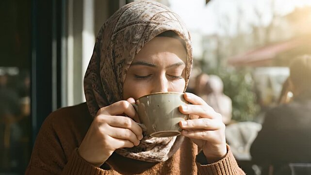 A serene close-up shot captures a woman wearing a patterned headscarf and a cozy, brown knitted sweater, deeply enjoying a hot beverage. Her eyes are gently closed as she takes a contemplative sip fro