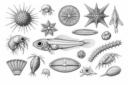 Detailed engravings of diverse microscopic sea creatures in scientific illustration