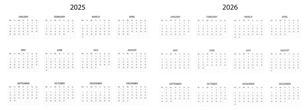 Minimal Two Year Calendar 2025 and 2026 
