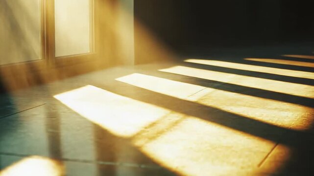 Sunlight beams piercing through a window, casting long, distinct parallel stripes of light and shadow across an empty concrete floor, suggesting architectural detail and quiet contemplation
