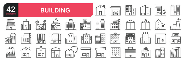 Set of line icons related to real estate, house, home, apartment, hospital, hotel, city scape, downtown, museum, mosque, church, pagoda. architecture buildings . Outline icons collection. Editable str