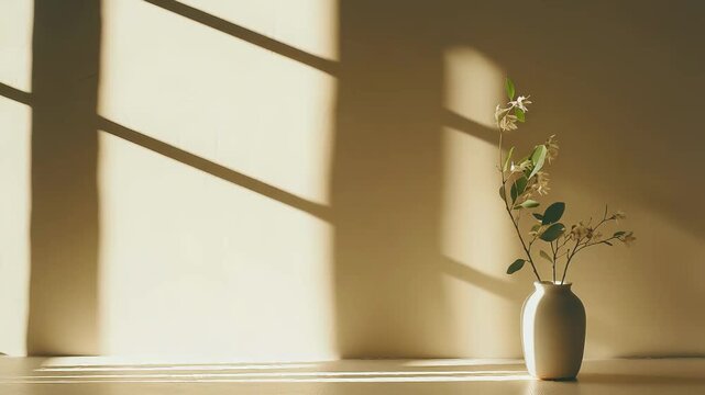Minimalist interior with a ceramic vase holding blooming branches on a sunlit surface, warm wall and table cast geometric shadows, evoking calm, airy home decor and tranquility