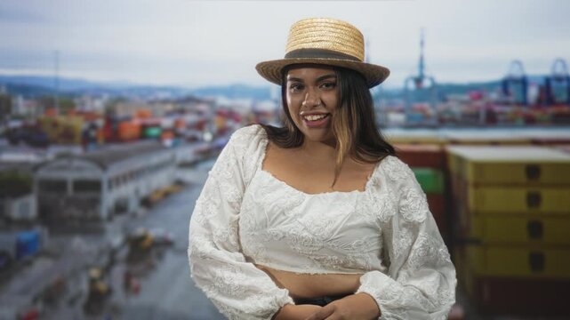 Woman in straw hat with white embroidered blouse, hands clasped at waist and smiling at camera, port; confidence leisure.