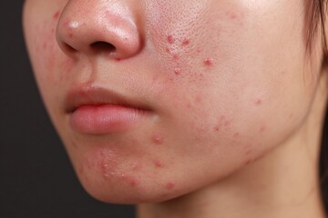Fototapeta premium Close-up of a young person's cheek with acne and blemishes, showing skin texture