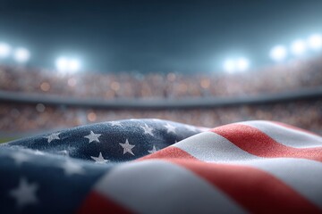 American flag waving over a stadium crowd at night with stadium lights