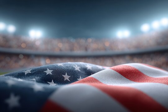 American flag waving over a stadium crowd at night with stadium lights