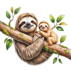 Fototapeta premium A mother sloth with her baby is perched on a tree branch surrounded by green leaves.